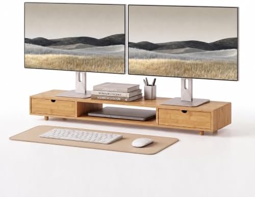 Bamboo Dual Monitor Stand, Natural Desk Shelf with 2 Drawers by Rocdeer