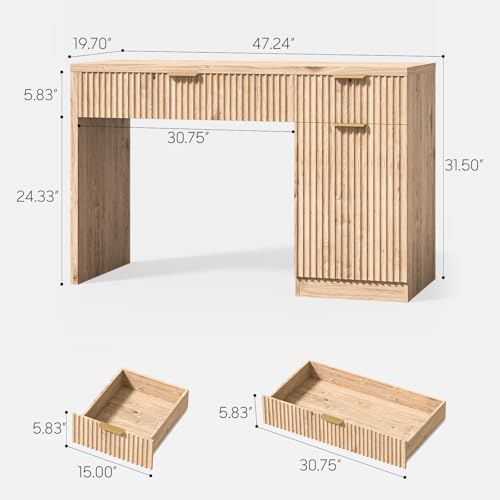Vabches Farmhouse 47" Fluted Executive Desk with Drawers, Oak - Image 2