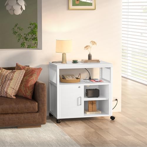 Unikito Rolling File Cabinet Lateral Office Filing Cabinets with Socket and USB Charging Port, Modern Printer Stand on Wheels, Printer Cabinet with Door and Open Storage, Lockable, White - Image 6