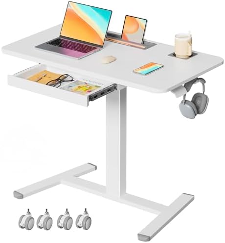 Mobile Standing Desk with Drawer, 35"×20" Small Desk, White by JYLHJOYSEEKER