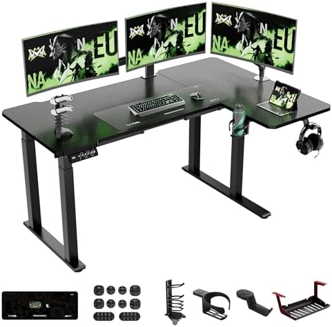 X-Win 63 Inches L-Shaped Electric Standing Desk, Dual Motor Height Adjustable Stand Up Corner Desk, Sit to Stand Workstation, Carbon Fiber Top by Klobel