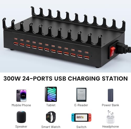 USB Charging Station 300W 24 Ports, Smart Power Distribution and Safety Protection PD/QC Charging Technology Multi Port Fast Charger with 12 USB-C and 12 USB-A for Multiple Devices - Image 6