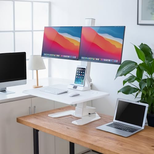 Mount-It! Electric Standing Desk Converter, Motorized Sit Stand Desk Riser with Dual Monitor Mounts, Adjustable Height Ergonomic Workstation with 28” Wide Platform and Tablet/Phone Slot, White - Image 2