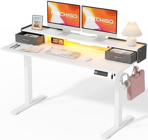 Electric Standing Desk with Drawers, 55 Inch Height Adjustable Desk with Power Outlets & LED Lights, Sit Stand Table with Monitor Stand for Home, Office, White by Unknown