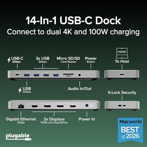 Plugable USB C Docking Station, Dual Monitor 4K 60Hz 2X HDMI or DisplayPort - Image 2