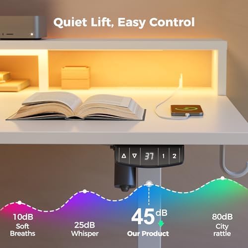 Klicelor Electric Standing Desk with Shelf, 48 Inch Height Adjustable Desk with Power Outlets & LED, Sit Stand Up Table with Monitor Stand, Computer Workstation for Home Office, White - Image 7