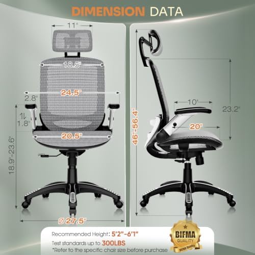 GABRYLLY Ergonomic Office Chair, High Back Home Desk Chair with Headrest, Flip-Up Arms, 90-120° Tilt Lock and Wide Cushion, Big and Tall Mesh Chairs for Man Woman, Grey Task Chair - Image 3
