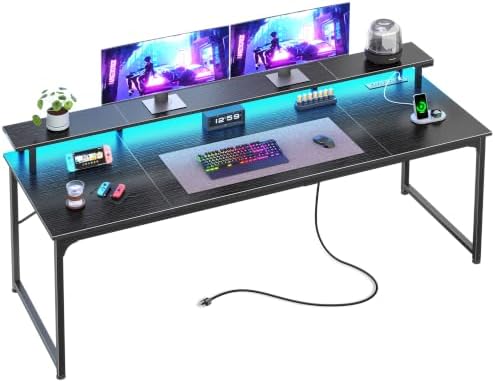 PRAISUN 63 inch Gaming Desk, LED & Power Outlets, Monitor Stand, Black by PRAISUN