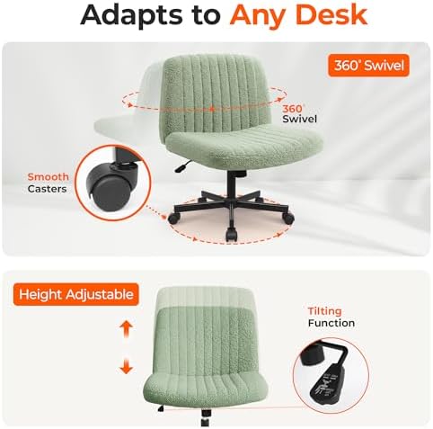 Orange Factory Criss Cross Chair with Wheels, Wide Vanity Seat, Green Teddy - Image 6