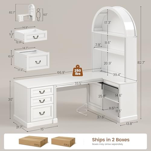 SEDETA 67" L Shaped Desk with Tall Arched Bookshelf & 3 Drawers Storage - Image 2