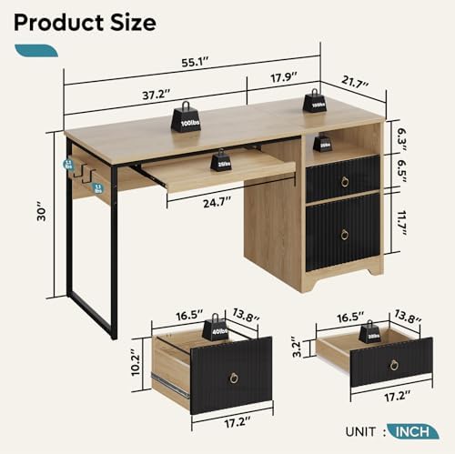 Bestier 55 Inch Office Desk with Fluted Panel & Keyboard Tray, Natural Oak - Image 3