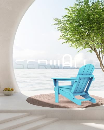 SERWALL Patio Folding Adirondack Chair Set of 2 with Cup Holder -Aruba Blue - Image 2