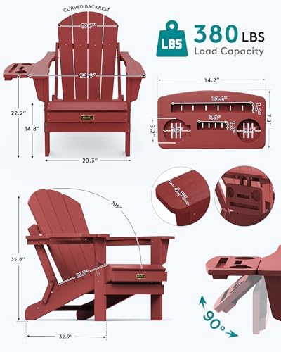 SERWALL Folding Adirondack Chair with Cup Holder, Outdoor Patio Chair, Red, Set of 2 - Image 2