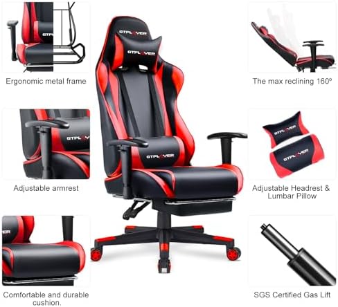 GTPLAYER Gaming Chair with Footrest, Ergonomic Computer Game Desk Chair, Reclining Gamer Chair Seat Height Adjustment, Swivel Rocker with Headrest and Lumbar (Brickred) - Image 6