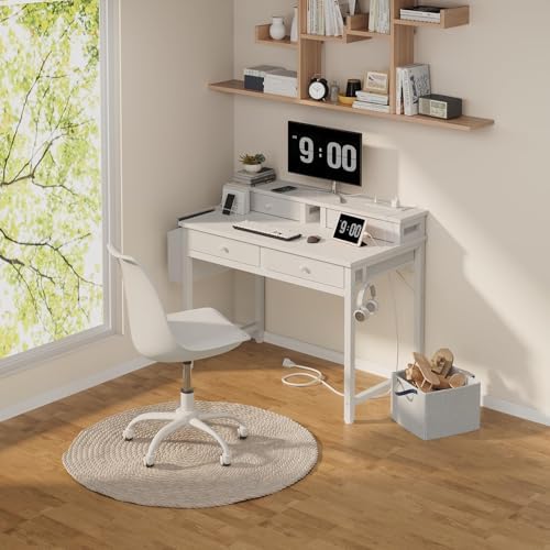 Lufeiya Small White Kids Desk with Fabric Drawers for Bedroom, 32 inch Vanity Makeup Desk with Drawers Storage for Home Office, Writing Study Table with Power Outlet & Monitor Stand, White - Image 2
