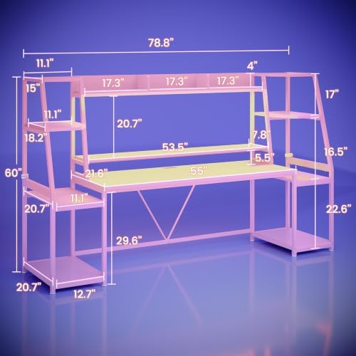 SEDETA 79'' Gaming Desk with LED Lights, Hutch and Storage Shelves, Pink - Image 2