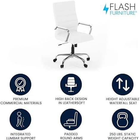 Flash Furniture Whitney High-Back Swivel LeatherSoft Desk Chair with Padded Seat and Armrests, Adjustable Height Padded Office Chair, White/Chrome - Image 4
