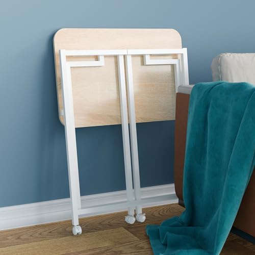 4NM 23.6" Mobile Small Rolling Computer Desk, Folding Laptop Cart Table with Wheels, Portable Office Desk for Small Space Couch Bed - Natural and White - Image 4