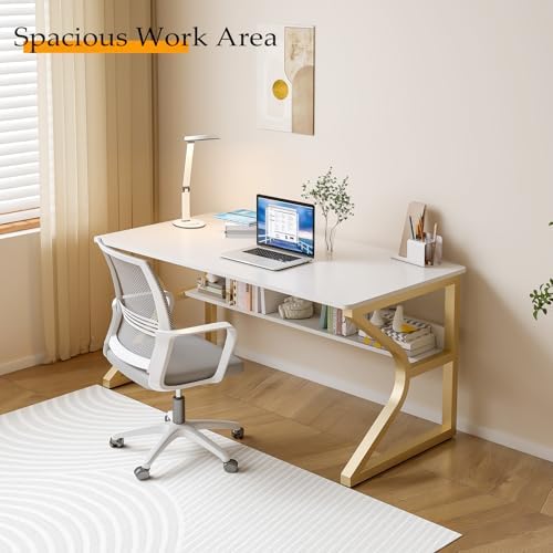 OSCHF 47.3-Inch Writing Desk with Storage Shelf, Gold - Image 3