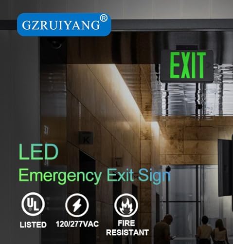 GZRUIYANG Green Exit Sign With Black Housing, LED Emergency Light With Battery Backup, UL Listed, AC 120/277V, Commercial Lights for Business - 2 Pack - Image 6