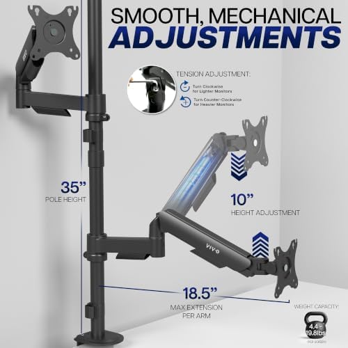 VIVO Dual Monitor Arm Extra Tall Mount for Screens up to 32 inches, Mechanical Height Adjustment, Full Articulating Heavy Duty VESA Stand with Desk C-clamp and Grommet, STAND-V012K - Image 3