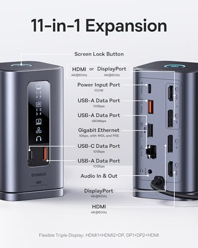 Baseus Docking Station [with 100W Charger], Spacemate Series 11-in-1 Docking Station 3 Monitors with 2 x HDMI 1 x DP 4K@60Hz, USB-A/C 10Gbps, 1Gbps Ethernet, Compatible with Windows Laptops - Image 2