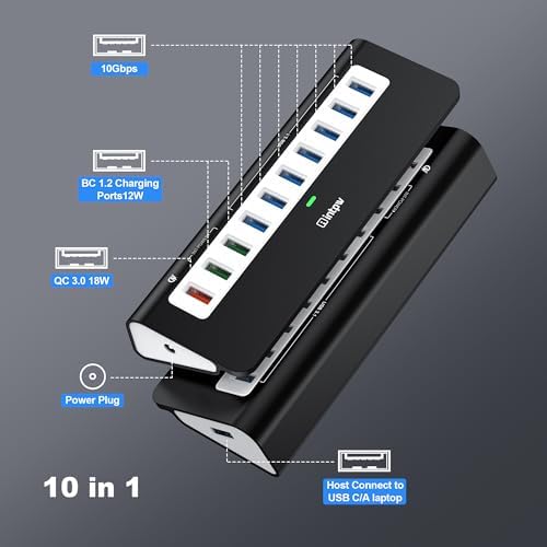 Powered USB Hub 10Gbps, 10 Port USB 3.2 Gen 2 Hub with 7 USB 3.2 Data Ports, 3 Fast Charging Ports, 36W Power Adapter, Type A and Type C Cable, Aluminum USB Hub for Laptop, Mac, PC - Image 2