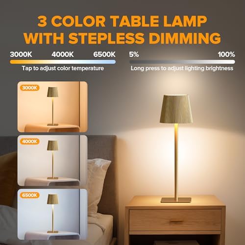LUTEC 4 Pack Cordless Table Lamp,6000mAh Rechargeable Battery Operated Desk Lamp,Two Adjustable Heights,Waterproof, Touch Control & 3 Color Stepless Dimming for Restaurant/Bedroom/Bars/Outdoor (Gold) - Image 2