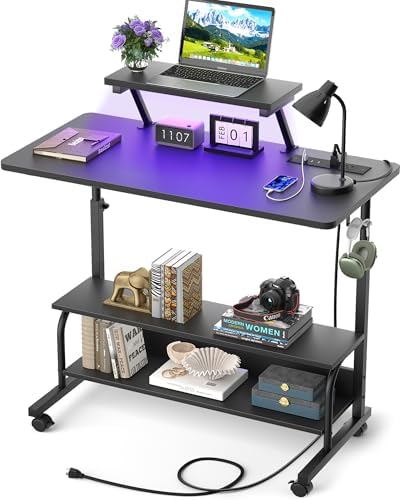Height Adjustable Standing Desk with Power Outlets and LED Lights - 32" Manual Stand Up Desk with Monitor Stand and Storage Shelves Small Mobile Rolling Computer Desk Portable Laptop Table, Black by Besiost