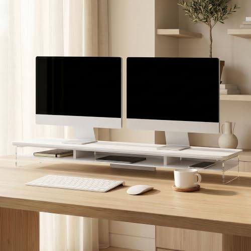 Fenge 42.5" Dual Monitor Stand with Clear Acrylic Legs, White - Image 2