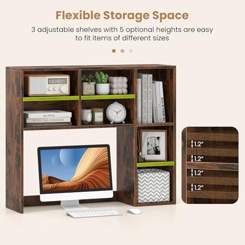 LDAILY Desktop Bookshelf, 37’’ Wood Desk Shelf with 7 Cubes & 3 Adjustable Shelves, 3-Tier Desk Display Rack, Desk Hutch for Dorm College Office Computer Monitor Up to 27’’ (Rustic Brown, 7 Shelves) - Image 3