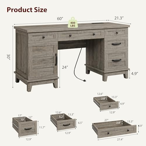 GarveeHome Farmhouse Executive Desk with File Drawers, 60 in Home Office Desk with Charging Station, Wooden Computer Desk with Cabinet Storage for Work Study Writing, Rustic Gray - Image 2