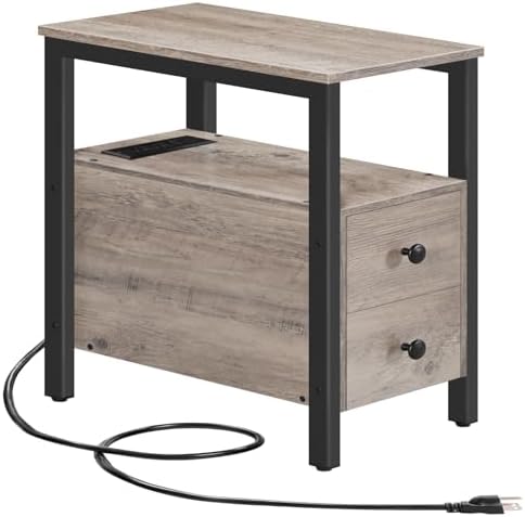 HOOBRO End Table with Charging Station, Narrow Side Table with 2 Drawers & USB Ports & Power Outlets, Nightstand for Small Spaces, Bedroom, Living Room, Stable and Sturdy, Greige and Black BG541BZ01 by HOOBRO