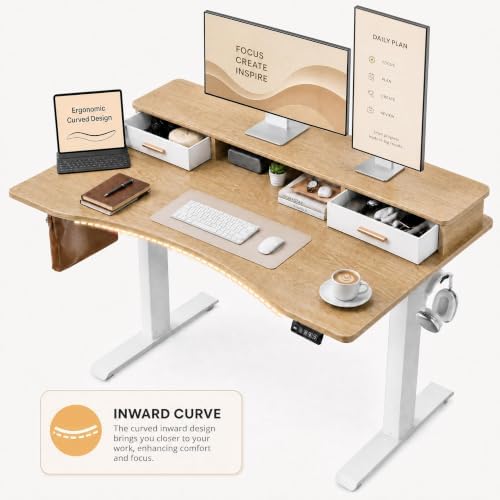 Grandder Electric Standing Desk with Two Drawers, CurvedSit to Stand Up Height Adjustable Desk with Storage Shelf for Home Office, 63 * 32 Inch, Study, Ergonomic Adjustable Computer Desk, Oak - Image 4