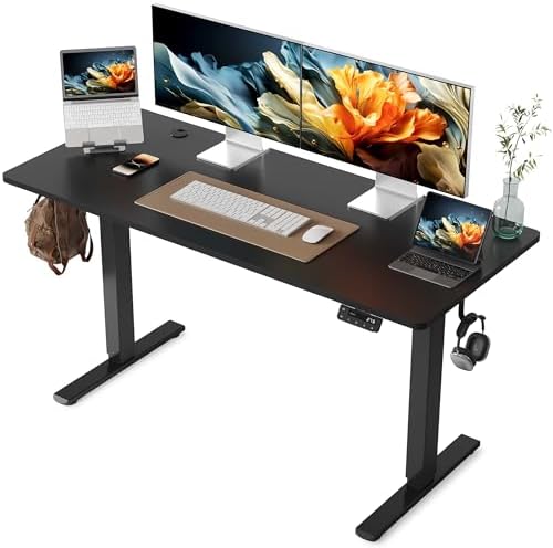 YIHAYO Electric Standing Desk, 55 x 24 Inches Stand Up Desk with Splice Board, Adjustable Height Desk, Computer Desk for Home Office, Black Frame/Black Top by YIHAYO