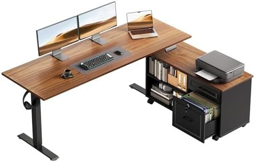 OffiGo 55" L Shaped Electric Standing Desk with Cabinet Sets, Walnut/Black by OfficeGo-ForHomeOfficeWork