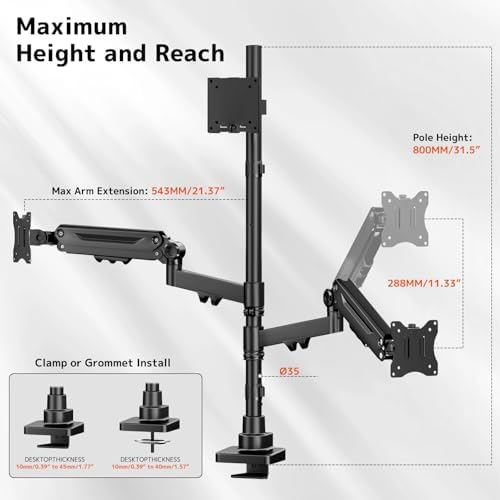 Triple Monitor Mount up to 49 inches, Fully Adjustable Heavy Duty 3 Monitor Arm with Gas Spring, Desk Mount for 3 Screens, C-Clamp & Grommet Base, Holds 44 lbs, Black - Image 6