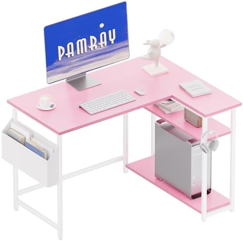 Pamray 40 Inch L Shaped Computer Desk with Reversible Side Storage Shelves, Small Corner Desk for Small Space Home Office, Writing Study Table PC Desk for Bedroom, Pink by PAMRAY