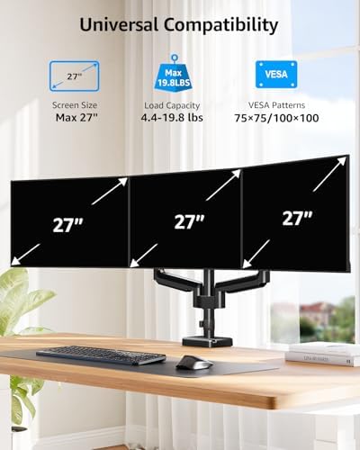 MOUNTUP Triple Monitor Mount, Triple Monitor Desk Mount for Max 27 inch Computer Screens, 3 Monitors Stand for Desk, Monitors Arm with Swivel, Tilt, Rotation, Each Arm Holds 4.4-19.8 lbs - Image 2