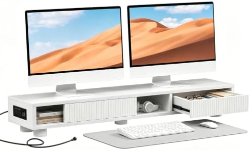 Artswish 42" White Dual Monitor Stand with Power Outlet & Storage Drawer by Artswish