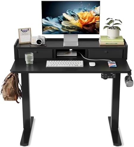 YIHAYO Electric Standing Desk with Drawers, 40 x 24 Inches Adjustable Desk with Storage Shelf, Stand Up Desk with Splice Board, Computer Desk for Home Office, Black Frame/Black Top by YIHAYO