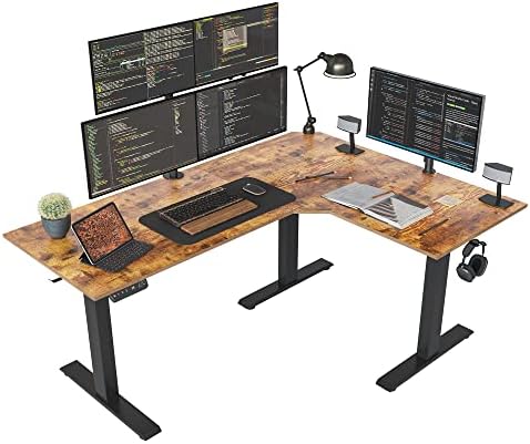FEZIBO Triple Motor 63" L Shaped Standing Desk, Electric Standing Gaming Desk Adjustable Height, Corner Stand up Desk with Splice Board, Black Frame/Rustic Brown Top by FEZIBO