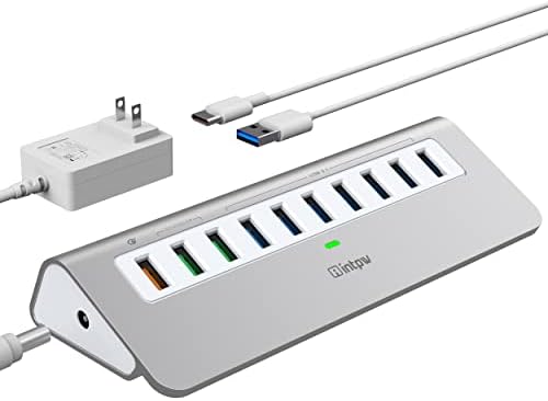 Powered USB Hub 10Gbps, 10 Port USB 3.2 Gen 2 Hub with 7 USB 3.2 Data Ports, 3 Fast Charging Ports, 36W Power Adapter, Type A and Type C Cable, Aluminum USB Hub for Laptop, Mac, PC by intpw