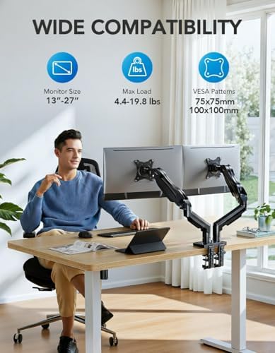 HUANUO Dual Monitor Stand, Fully Adjustable Gaming Monitor Desk Mount for 13–27″ Computer Screens, Full Motion VESA 75x75/100x100 with C-Clamp & Grommet Base, Each Arm Holds 4.4 to 19.8 lbs - Image 2