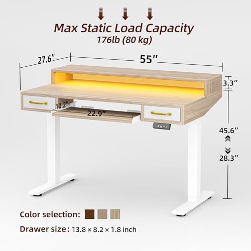 TIQLAB Standing Desk with Two Drawers, Stand Up Standing Desk Adjustable Height, Electric Sit Stand Table with Storage Shelf and Splice Board, with LED Light, 55 * 28 inch, Light Walnut - Image 3