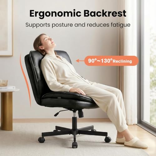 GTPLAYER Cross Legged Office Chair, Armless Desk Chair Cute Vanity Chair with Wheels Computer Chair Comfy Wide Office Chair Adjustable Swivel for Home Computer Task,Pu Leather, Black - Image 3
