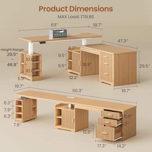 SEDETA Fluted L Shaped Electric Standing Desk, 63" x 67" Height Adjustable Home Office Executive Desk with Drawers and Shelves, Two Person Desk with Power Outlet for Home Office, Oak - Image 2