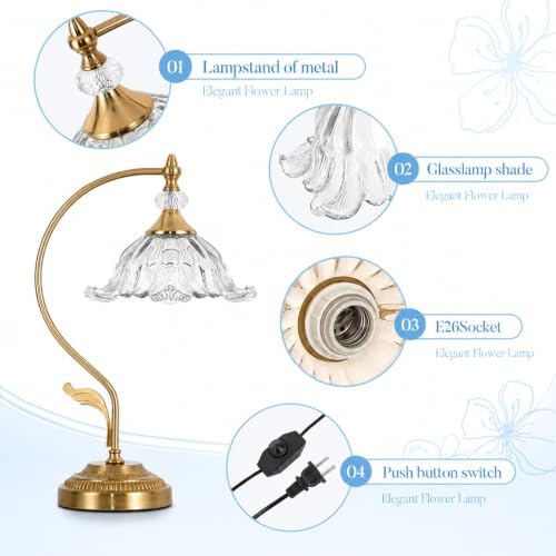 Vintage Floral Table Lamp, Plug in Mid-Century Modern Desk Lamp with Transparent Glass Shade, Gold Bedside Table Lamp Dimmable for Bedroom Living Room Home Office, E26 Base, UL Listed - Image 5