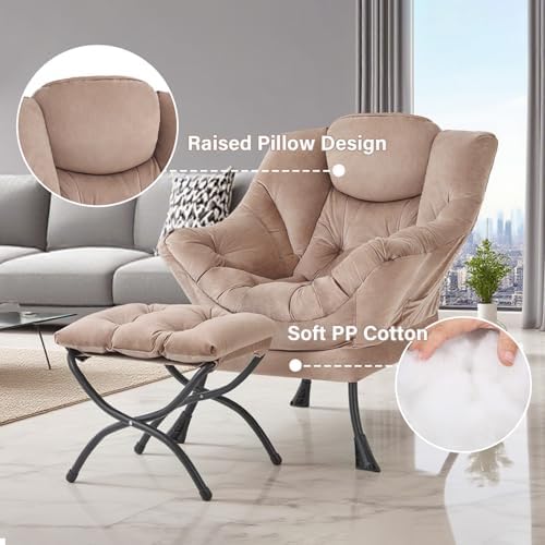Tiita Lazy Chair with Ottoman, Comfy Reading Accent Chair, Velvet Khaki - Image 4