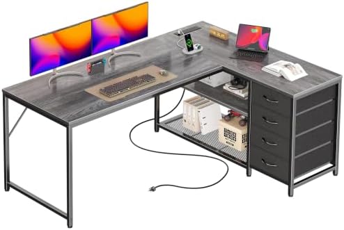 PRAISUN 53" L Shaped Desk with Power Outlets & 4 Drawers by PRAISUN